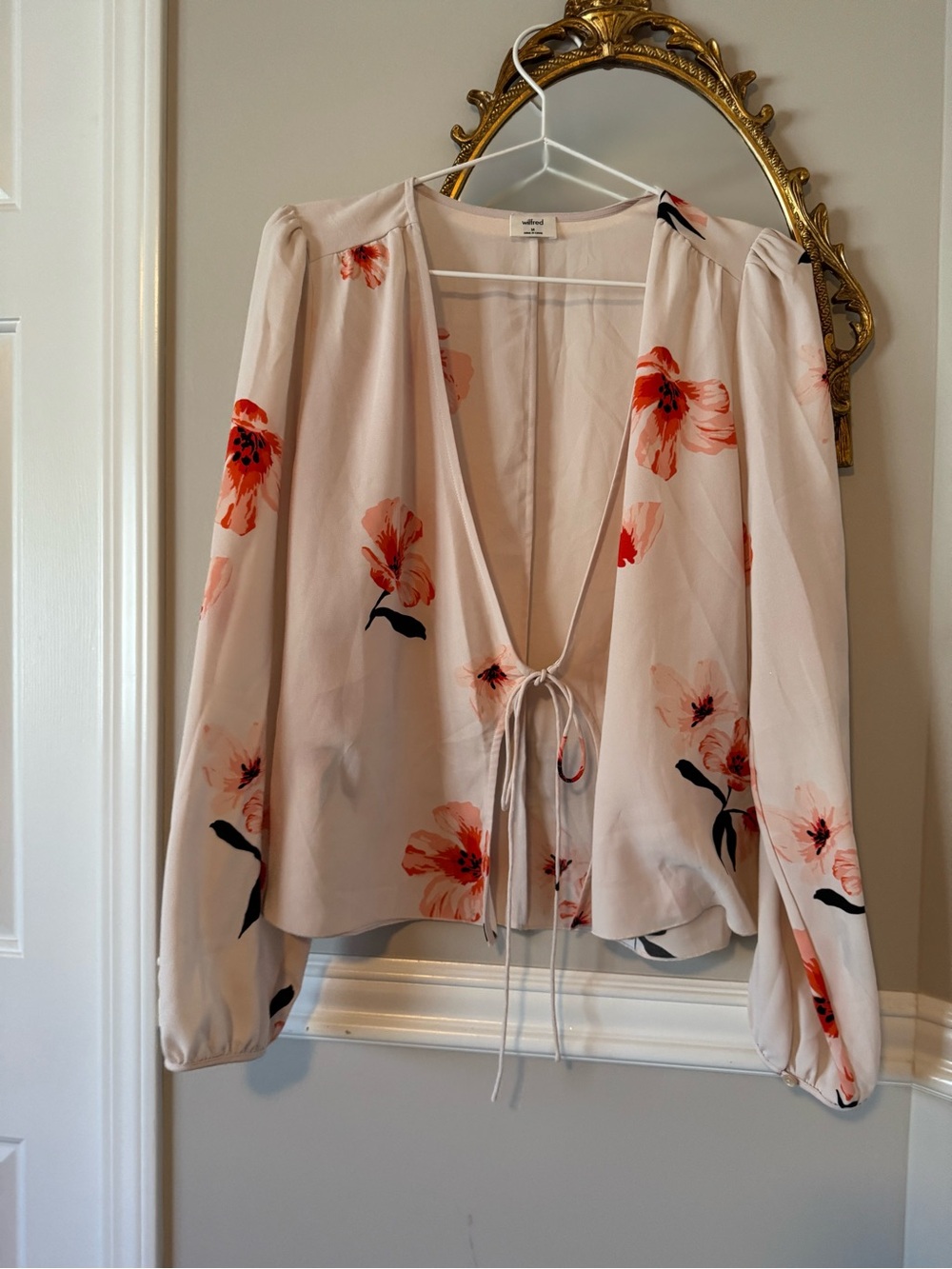 Wilfred Floral Tie-Front V-Neck Blouse - Blush with Coral Flowers